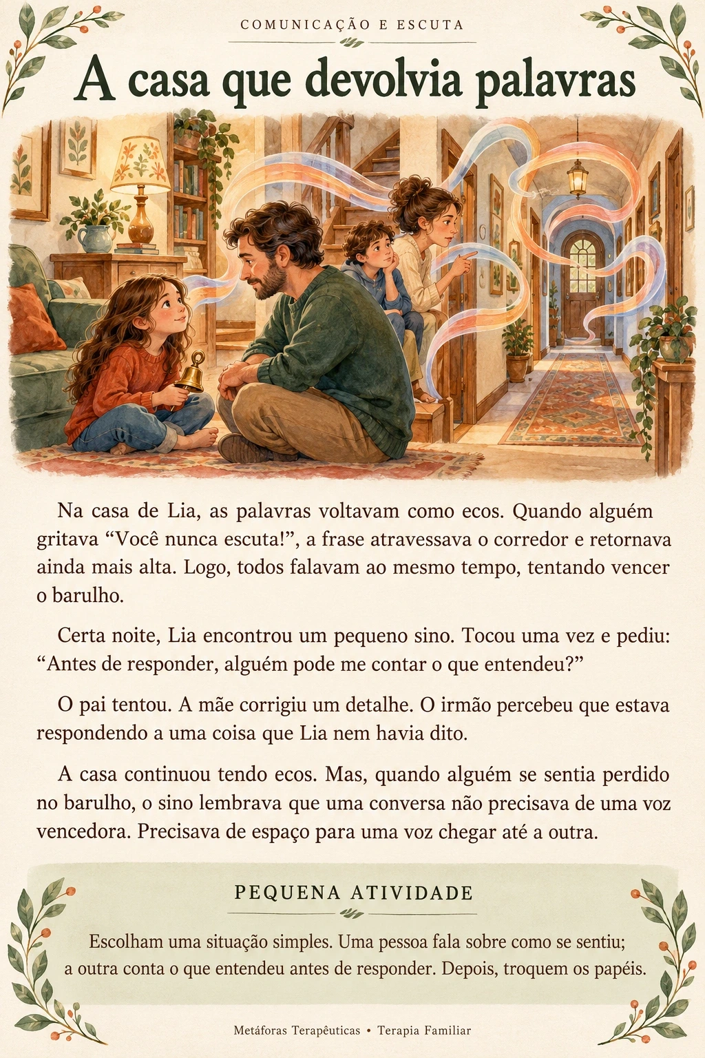 A casa que devolvia palavras: ilustração, história completa e pequena atividade sobre comunicação e escuta.