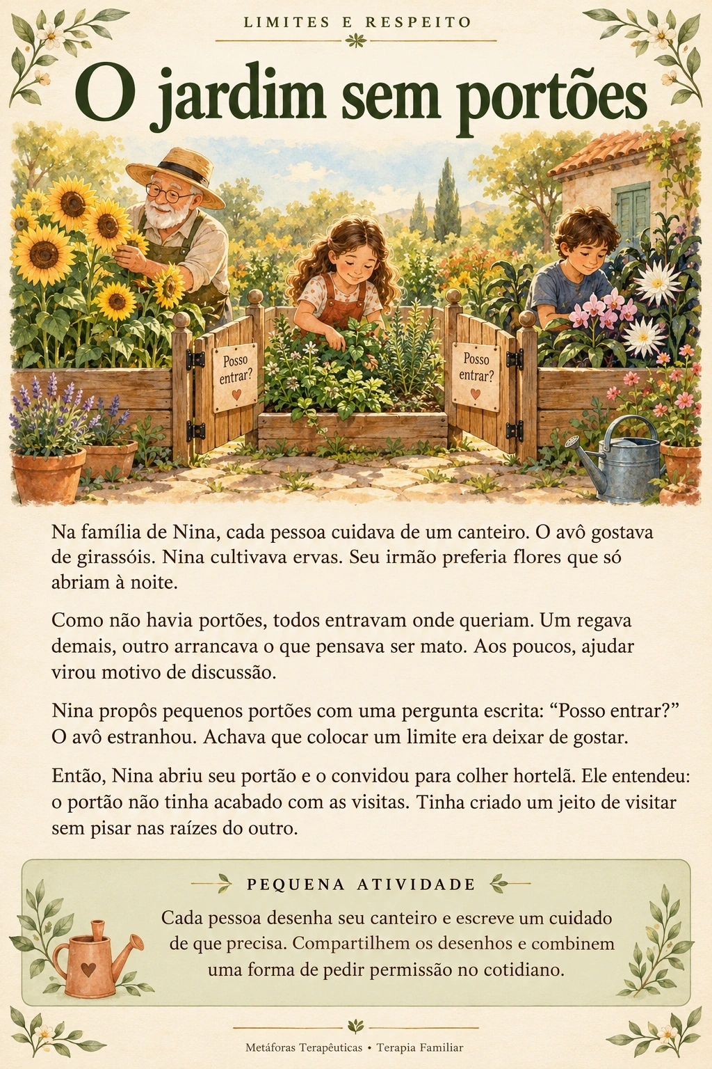 O jardim sem portões: ilustração, história completa e pequena atividade sobre limites e respeito.