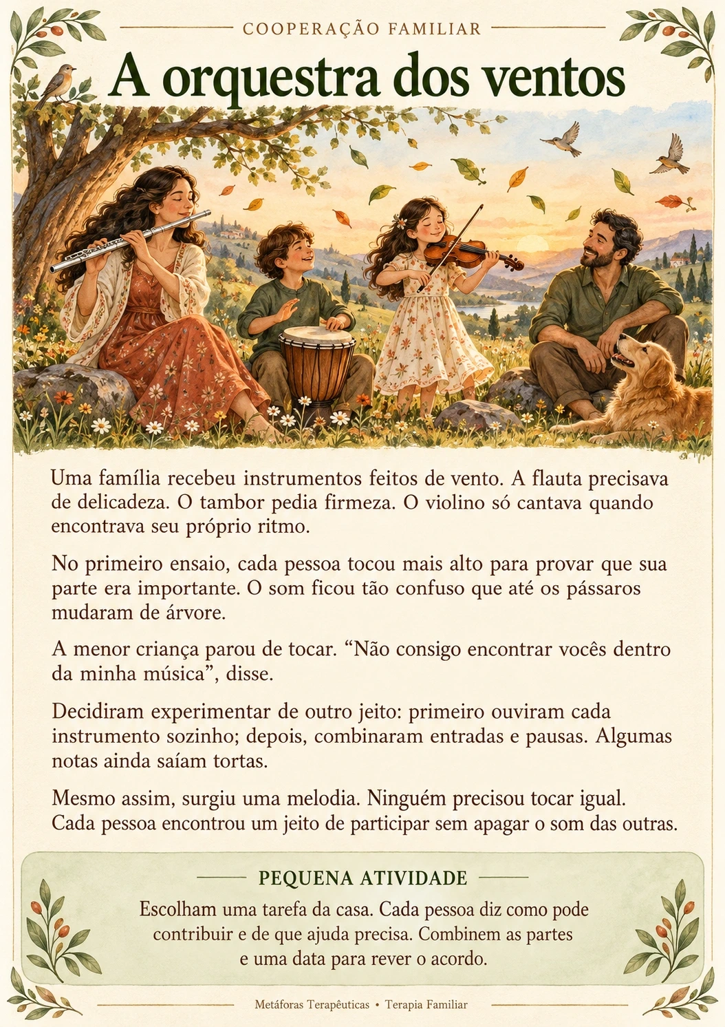 A orquestra dos ventos: ilustração, história completa e pequena atividade sobre cooperação familiar.