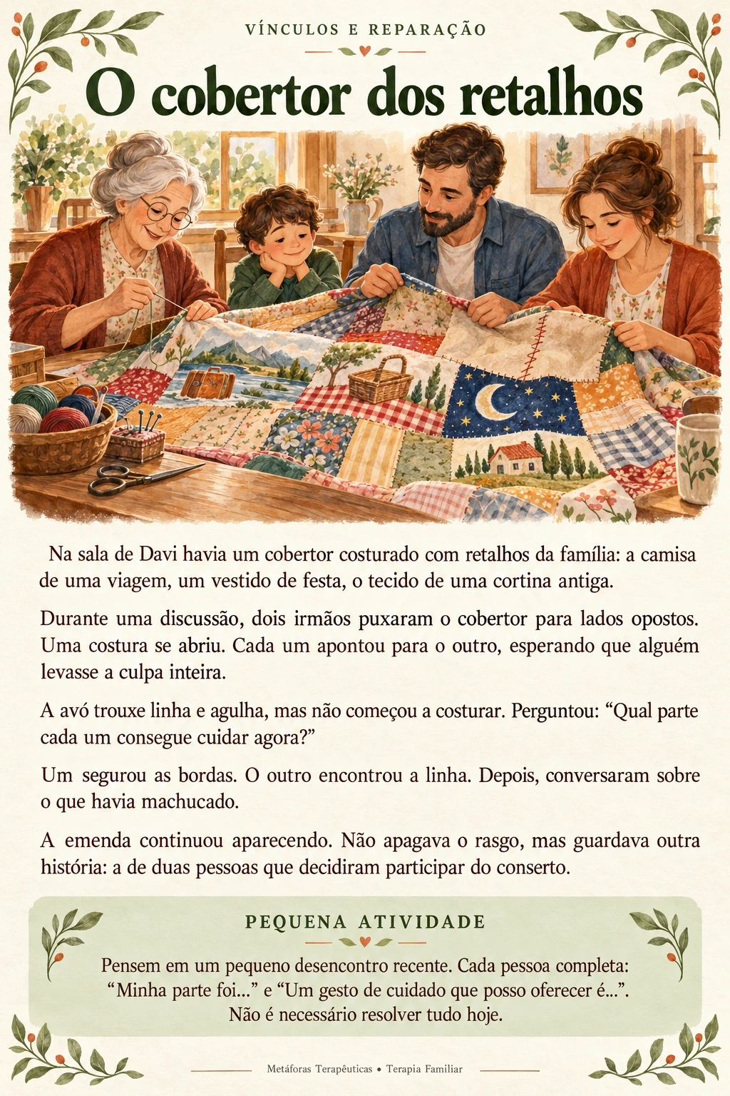 O cobertor dos retalhos: ilustração, história completa e pequena atividade sobre vínculos e reparação.
