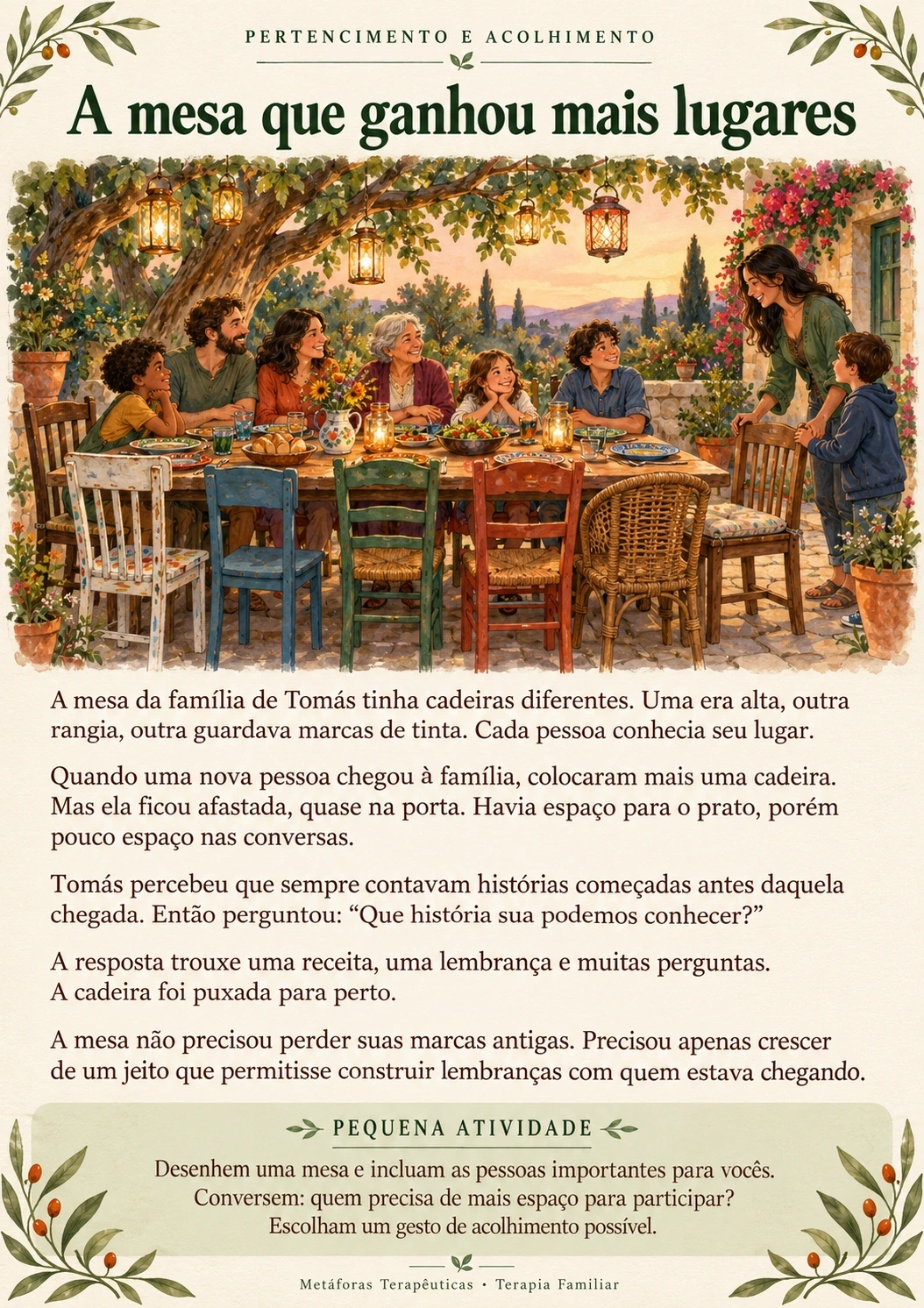 A mesa que ganhou mais lugares: ilustração, história completa e pequena atividade sobre pertencimento e acolhimento.
