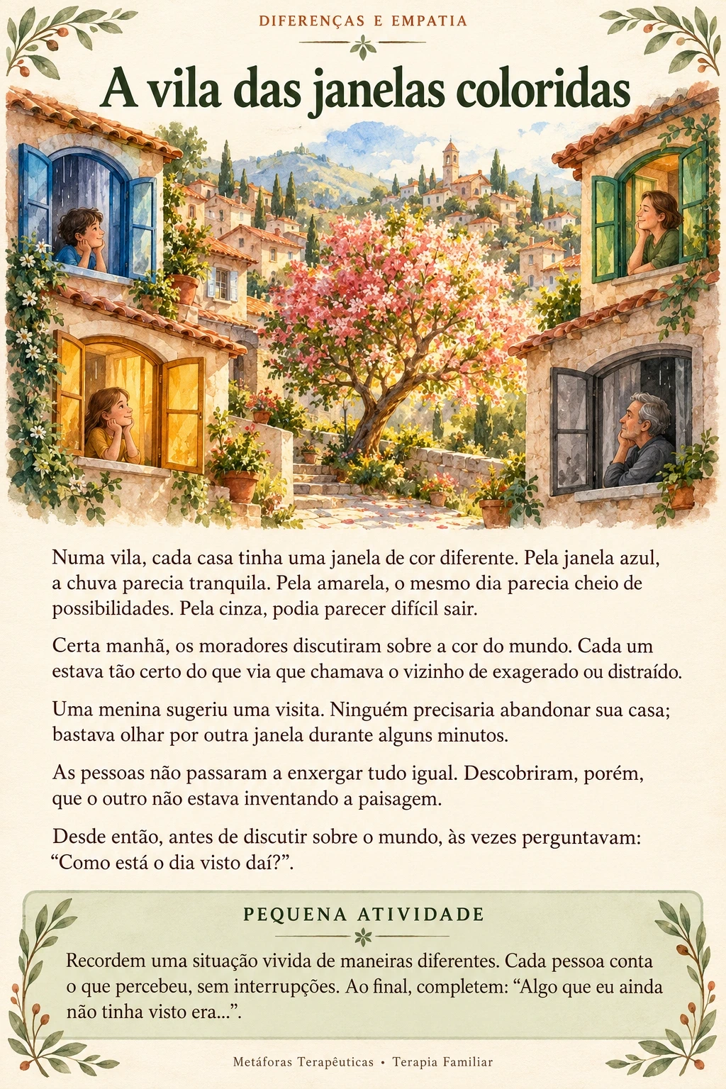 A vila das janelas coloridas: ilustração, história completa e pequena atividade sobre diferenças e empatia.
