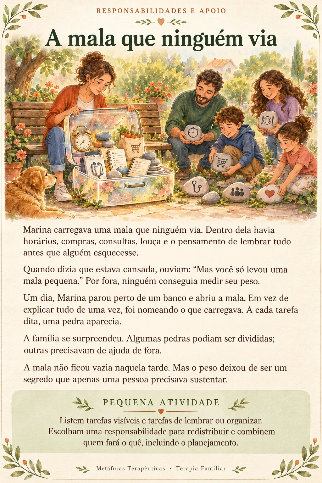 A mala que ninguém via: ilustração, história completa e pequena atividade sobre responsabilidades e apoio.