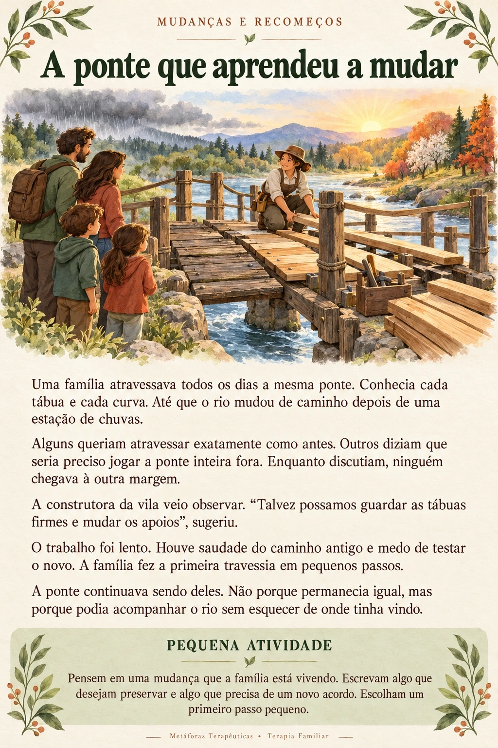 A ponte que aprendeu a mudar: ilustração, história completa e pequena atividade sobre mudanças e recomeços.